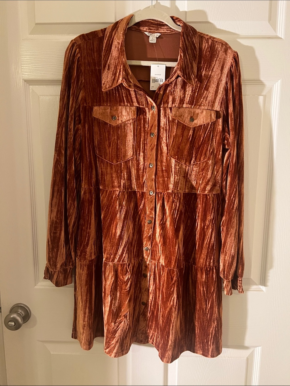 NWT! Velvet Button-Front Shirt Dress in Burnt Copper
